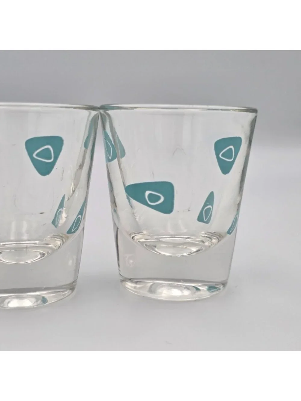 Set Of 3 MCM Clear Shot Glasses With Teal Mid-Century Modern Pattern Design